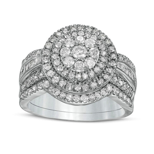 1.25 CT. T.W. Composite Baguette and Round Natural Diamond Double Frame Bridal Engagement Ring Set in Solid 10K White Gold