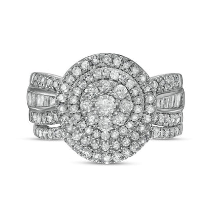 1.25 CT. T.W. Composite Baguette and Round Natural Diamond Double Frame Bridal Engagement Ring Set in Solid 10K White Gold