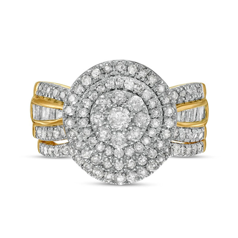 1.25 CT. T.W. Composite Baguette and Round Natural Diamond Double Frame Bridal Engagement Ring Set in Solid 10K Yellow Gold