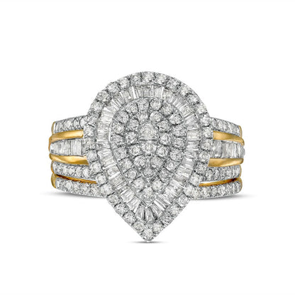 1.25 CT. T.W. Composite Baguette and Round Natural Diamond Layered Pear-Shape Frame Bridal Engagement Ring Set in Solid 10K Yellow Gold