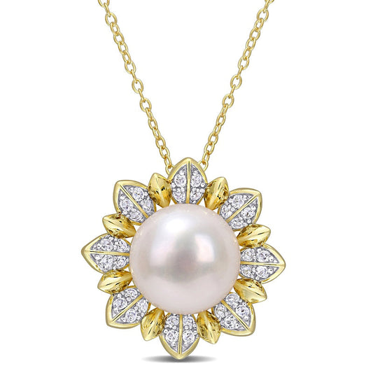 11.5-12.0mm Button Cultured Freshwater Pearl and White Topaz Sunburst Pendant in Sterling Silver with Yellow Rhodium