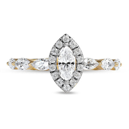 1.0 CT. T.W. Marquise and Round Natural Diamond Frame Engagement Ring in Solid 10K Yellow Gold