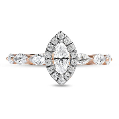 1.0 CT. T.W. Marquise and Round Natural Diamond Frame Engagement Ring in Solid 10K Rose Gold