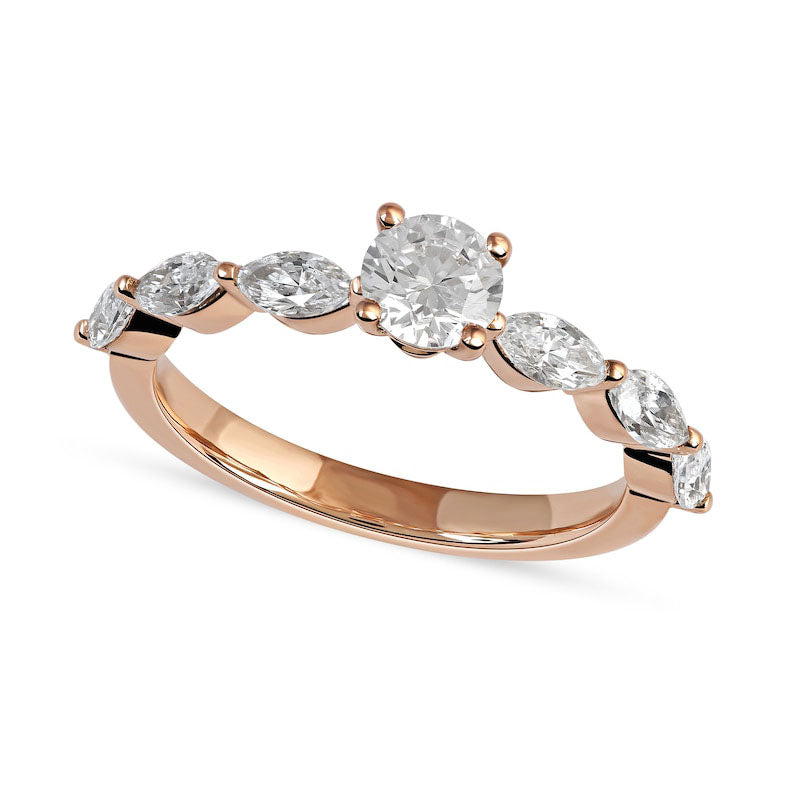1.0 CT. T.W. Round and Marquise Natural Diamond Scallop Shank Engagement Ring in Solid 14K Rose Gold