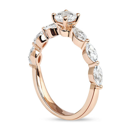 1.0 CT. T.W. Round and Marquise Natural Diamond Scallop Shank Engagement Ring in Solid 14K Rose Gold