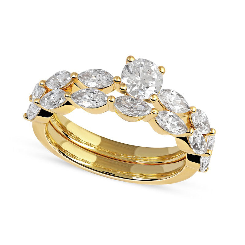 1.88 CT. T.W. Round and Marquise Natural Diamond Bridal Engagement Ring Set in Solid 14K Gold