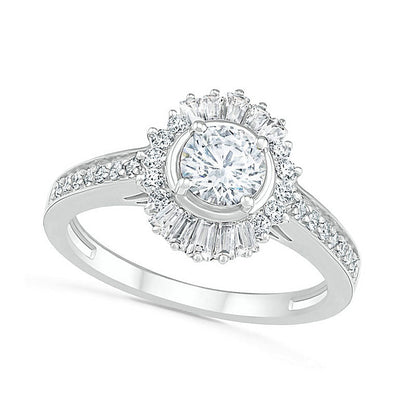 1.0 CT. T.W. Baguette and Round Natural Diamond Sunburst Frame Bridal Engagement Ring Set in Solid 10K White Gold
