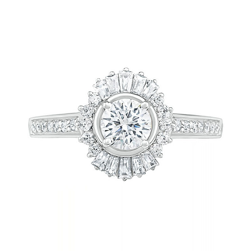 1.0 CT. T.W. Baguette and Round Natural Diamond Sunburst Frame Bridal Engagement Ring Set in Solid 10K White Gold