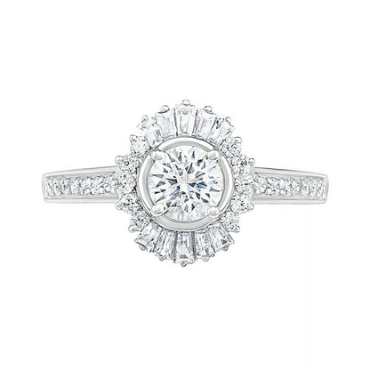 1.0 CT. T.W. Baguette and Round Natural Diamond Sunburst Frame Bridal Engagement Ring Set in Solid 10K White Gold