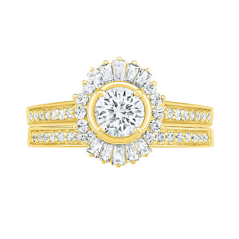 1.0 CT. T.W. Baguette and Round Natural Diamond Sunburst Frame Bridal Engagement Ring Set in Solid 10K Yellow Gold