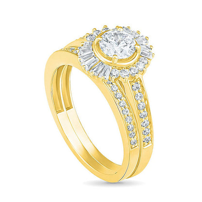 1.0 CT. T.W. Baguette and Round Natural Diamond Sunburst Frame Bridal Engagement Ring Set in Solid 10K Yellow Gold