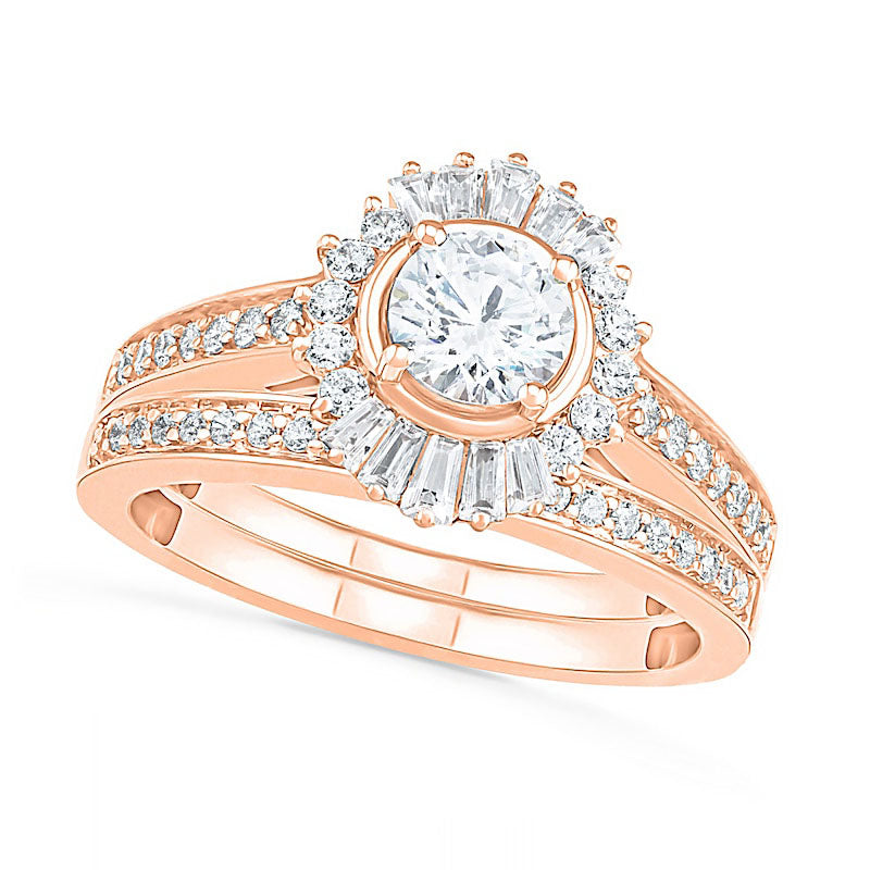 1.0 CT. T.W. Baguette and Round Natural Diamond Sunburst Frame Bridal Engagement Ring Set in Solid 10K Rose Gold