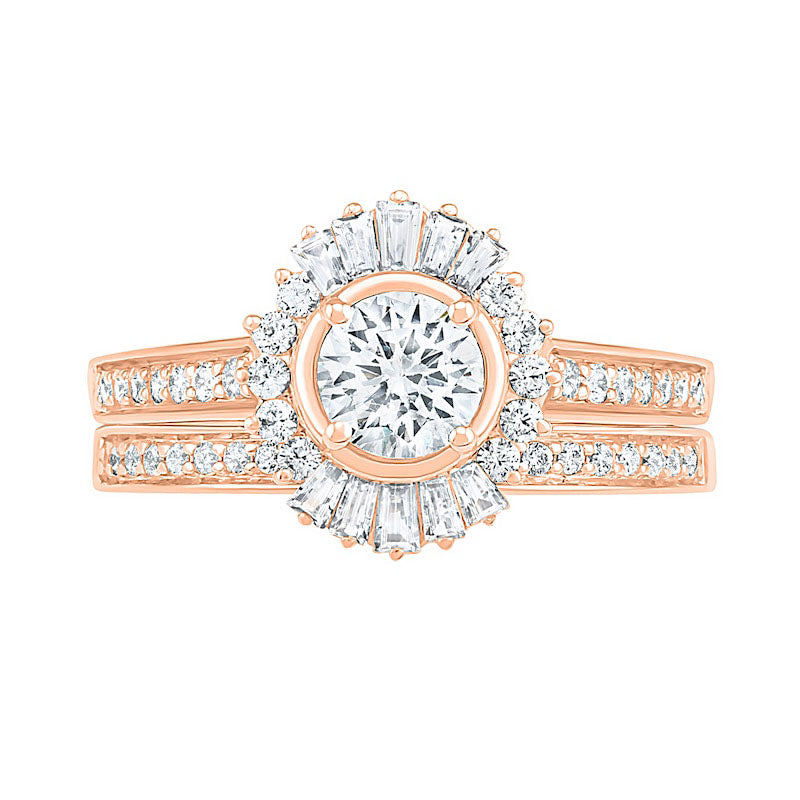 1.0 CT. T.W. Baguette and Round Natural Diamond Sunburst Frame Bridal Engagement Ring Set in Solid 10K Rose Gold