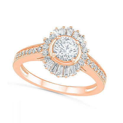 1.0 CT. T.W. Baguette and Round Natural Diamond Sunburst Frame Bridal Engagement Ring Set in Solid 10K Rose Gold