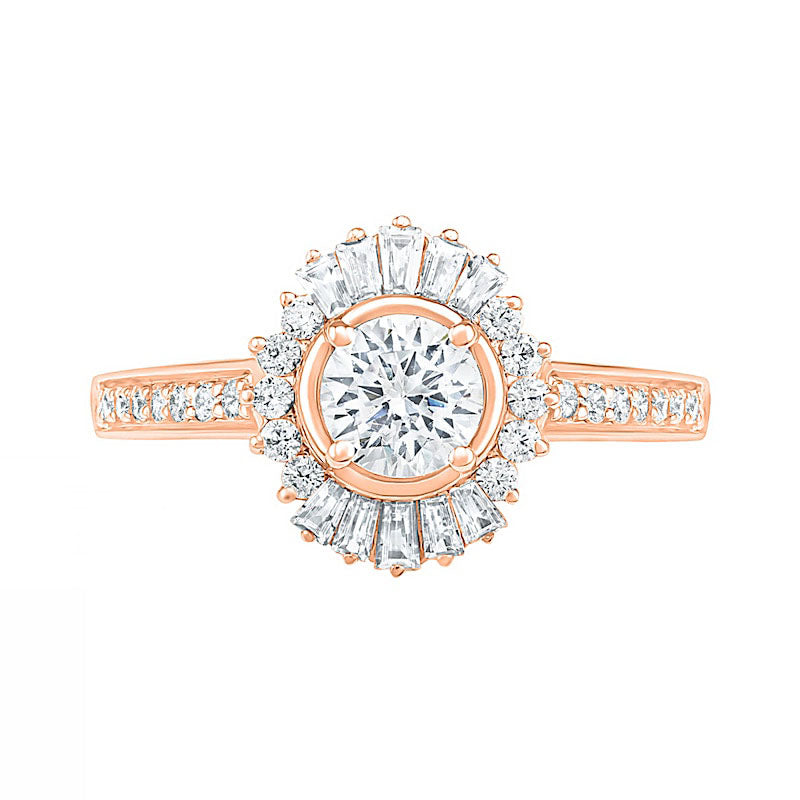 1.0 CT. T.W. Baguette and Round Natural Diamond Sunburst Frame Bridal Engagement Ring Set in Solid 10K Rose Gold