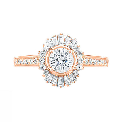 1.0 CT. T.W. Baguette and Round Natural Diamond Sunburst Frame Bridal Engagement Ring Set in Solid 10K Rose Gold