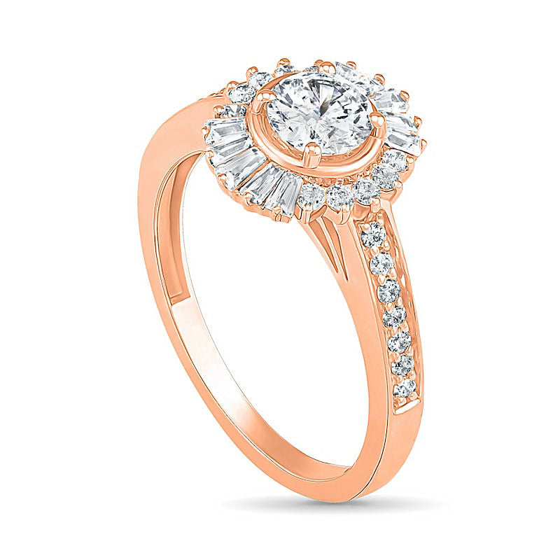 1.0 CT. T.W. Baguette and Round Natural Diamond Sunburst Frame Bridal Engagement Ring Set in Solid 10K Rose Gold