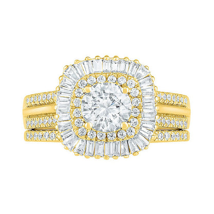 1.5 CT. T.W. Baguette and Round Natural Diamond Cushion-Shaped Sunburst Frame Bridal Engagement Ring Set in Solid 10K Yellow Gold