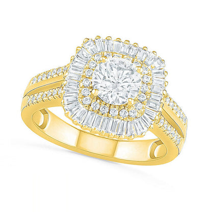 1.5 CT. T.W. Baguette and Round Natural Diamond Cushion-Shaped Sunburst Frame Bridal Engagement Ring Set in Solid 10K Yellow Gold