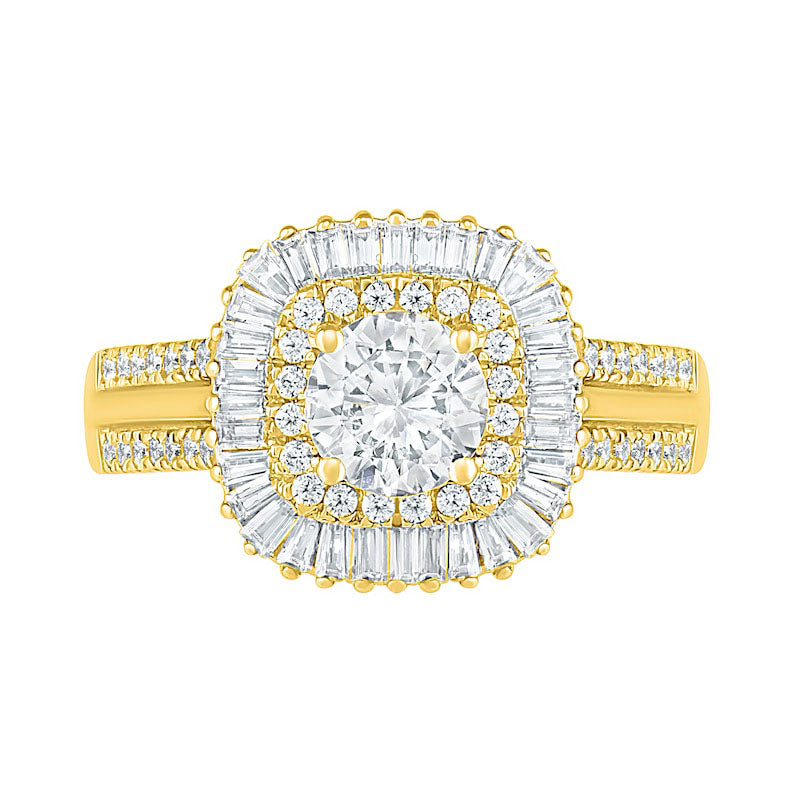 1.5 CT. T.W. Baguette and Round Natural Diamond Cushion-Shaped Sunburst Frame Bridal Engagement Ring Set in Solid 10K Yellow Gold