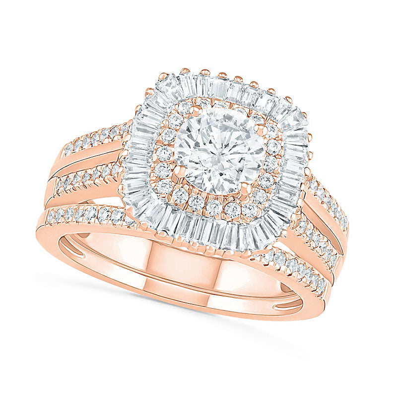 1.5 CT. T.W. Baguette and Round Natural Diamond Cushion-Shaped Sunburst Frame Bridal Engagement Ring Set in Solid 10K Rose Gold