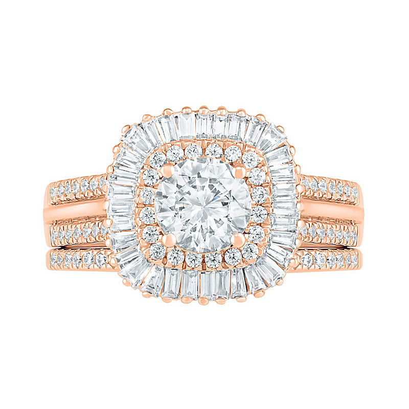 1.5 CT. T.W. Baguette and Round Natural Diamond Cushion-Shaped Sunburst Frame Bridal Engagement Ring Set in Solid 10K Rose Gold