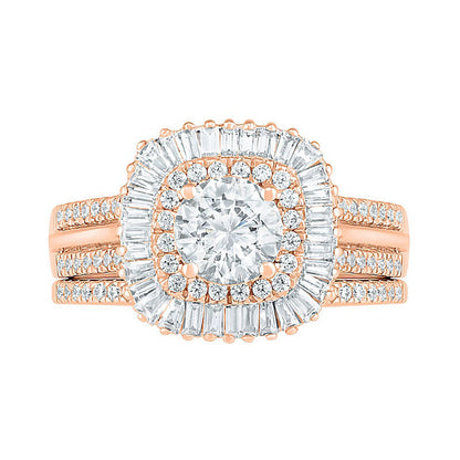 1.5 CT. T.W. Baguette and Round Natural Diamond Cushion-Shaped Sunburst Frame Bridal Engagement Ring Set in Solid 10K Rose Gold