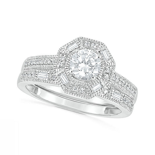 0.75 CT. T.W. Baguette and Round Natural Diamond Octagonal Frame Antique Vintage-Style Bridal Engagement Ring Set in Solid 10K White Gold