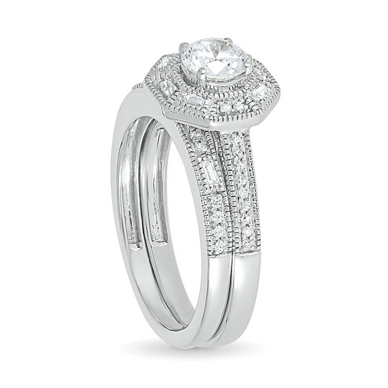 0.75 CT. T.W. Baguette and Round Natural Diamond Octagonal Frame Antique Vintage-Style Bridal Engagement Ring Set in Solid 10K White Gold