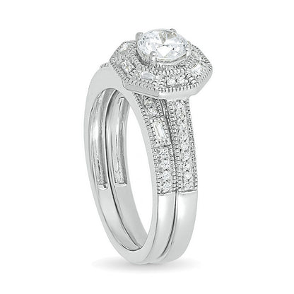 0.75 CT. T.W. Baguette and Round Natural Diamond Octagonal Frame Antique Vintage-Style Bridal Engagement Ring Set in Solid 10K White Gold