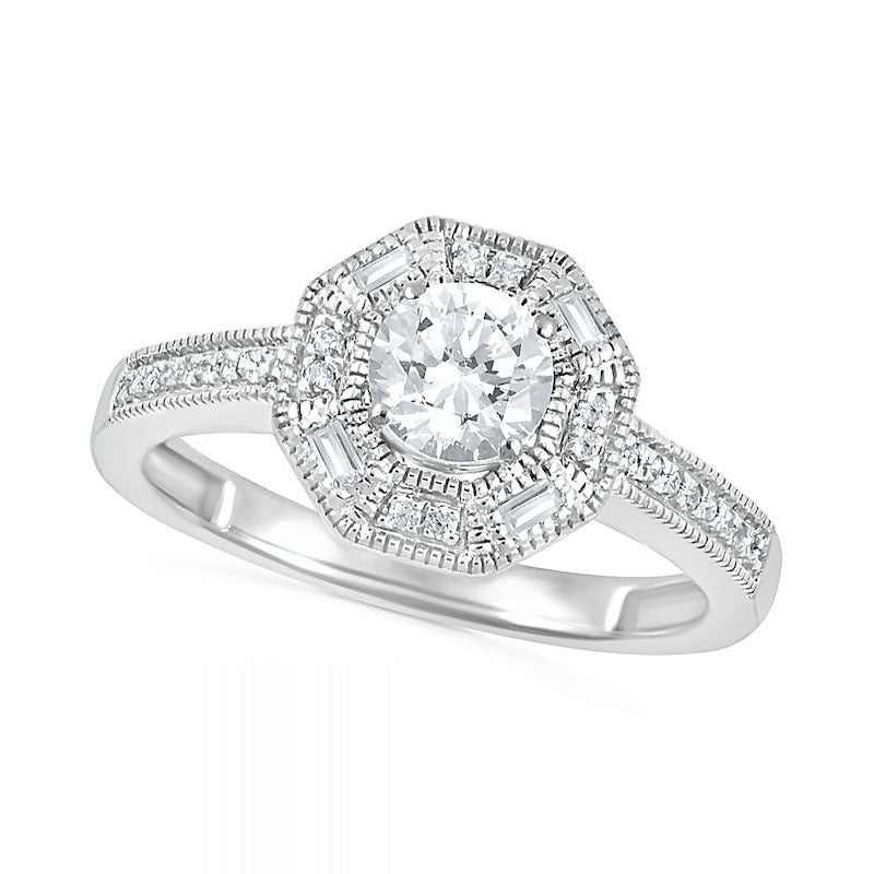 0.75 CT. T.W. Baguette and Round Natural Diamond Octagonal Frame Antique Vintage-Style Bridal Engagement Ring Set in Solid 10K White Gold