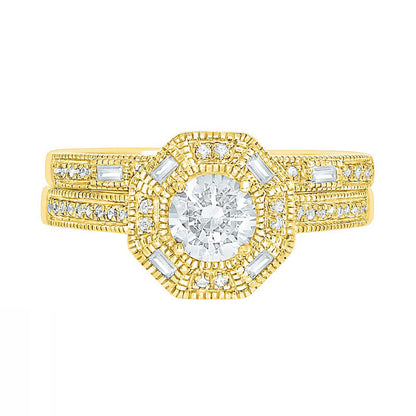 0.75 CT. T.W. Baguette and Round Natural Diamond Octagonal Frame Antique Vintage-Style Bridal Engagement Ring Set in Solid 10K Yellow Gold