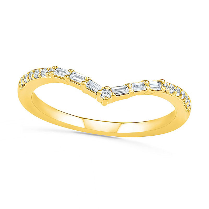 0.17 CT. T.W. Baguette and Round Natural Diamond Chevron Anniversary Band in Solid 10K Yellow Gold