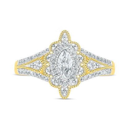 0.75 CT. T.W. Marquise Natural Diamond Scallop Edge Frame Antique Vintage-Style Bridal Engagement Ring Set in Solid 10K Yellow Gold