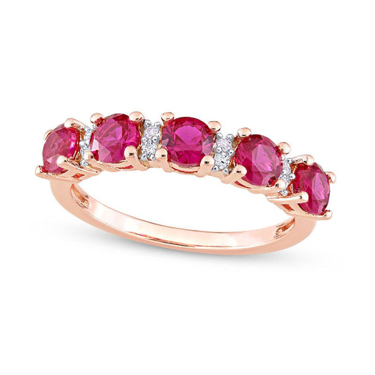 Lab-Created Ruby and White Lab-Created Sapphire Five Stone Duo Stackable Band in Sterling Silver with Rose Rhodium