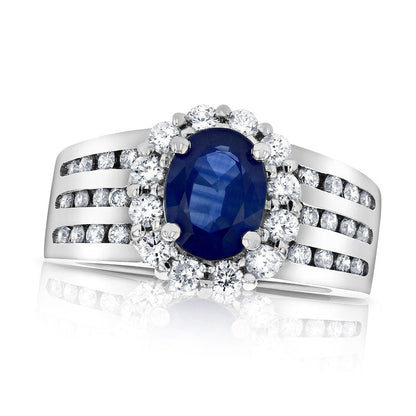 Oval Blue Sapphire and 0.75 CT. T.W. Natural Diamond Frame Channel-Set Triple Row Engagement Ring in Solid 14K White Gold