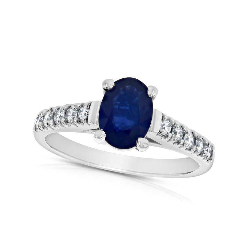Oval Blue Sapphire and 0.33 CT. T.W. Natural Diamond Engagement Ring in Solid 14K White Gold