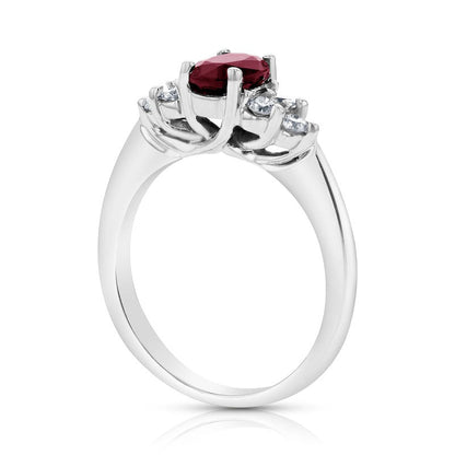 Oval Ruby and 0.33 CT. T.W. Natural Diamond Tri-Sides Engagement Ring in Solid 14K White Gold