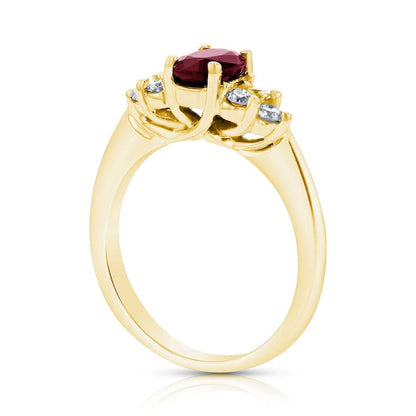 Oval Ruby and 0.33 CT. T.W. Natural Diamond Tri-Sides Engagement Ring in Solid 14K Gold