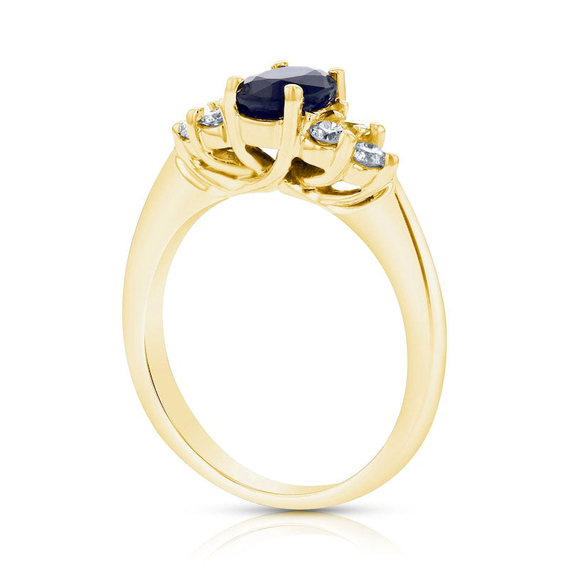 Oval Blue Sapphire and 0.33 CT. T.W. Natural Diamond Tri-Sides Engagement Ring in Solid 14K Gold