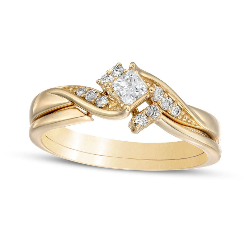 0.25 CT. T.W. Princess-Cut Natural Diamond Tilted Bypass Bridal Engagement Ring Set in Solid 10K Yellow Gold