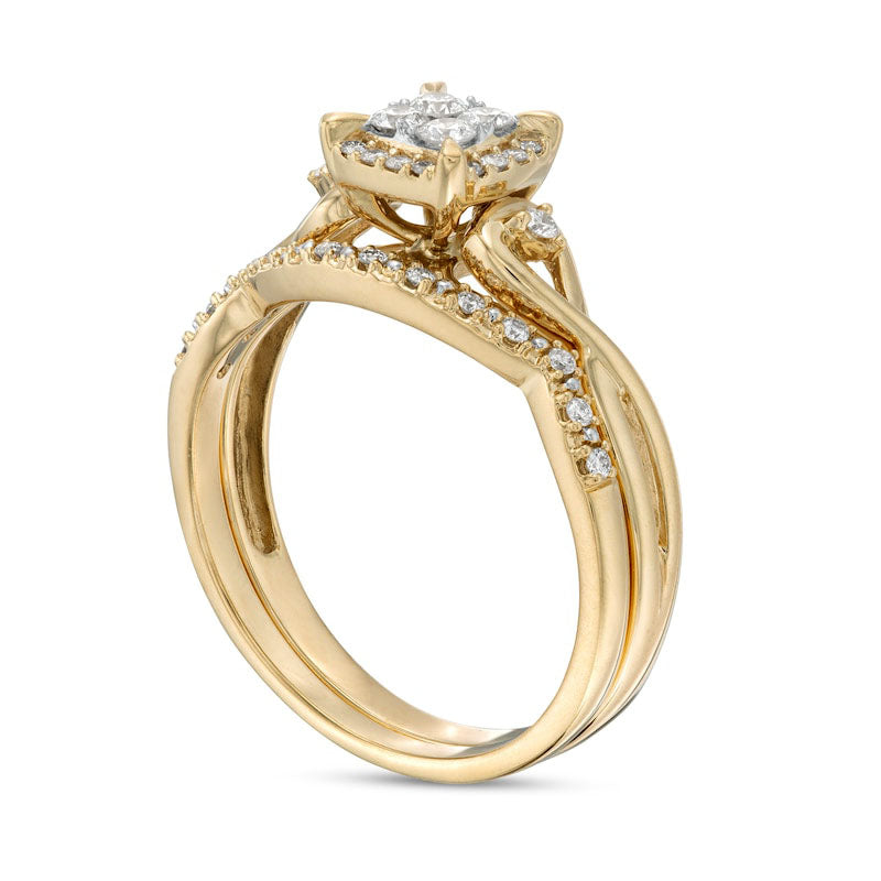 0.33 CT. T.W. Quad Natural Diamond Cushion-Shaped Frame Twist Shank Bridal Engagement Ring Set in Solid 10K Yellow Gold