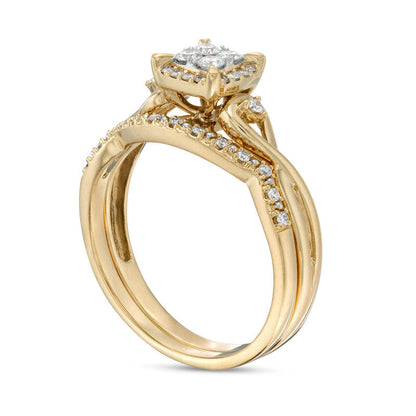 0.33 CT. T.W. Quad Natural Diamond Cushion-Shaped Frame Twist Shank Bridal Engagement Ring Set in Solid 10K Yellow Gold