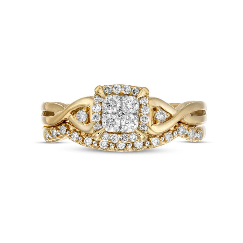 0.33 CT. T.W. Quad Natural Diamond Cushion-Shaped Frame Twist Shank Bridal Engagement Ring Set in Solid 10K Yellow Gold