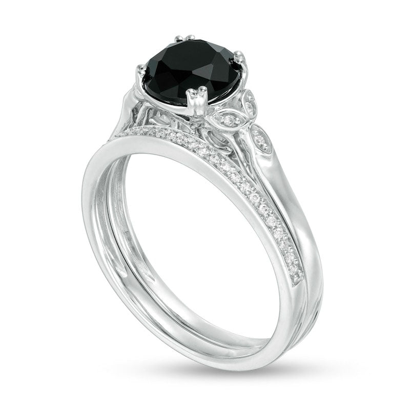 8.0mm Black Sapphire and 0.10 CT. T.W. Natural Diamond Leaf Sides Bridal Engagement Ring Set in Solid 10K White Gold