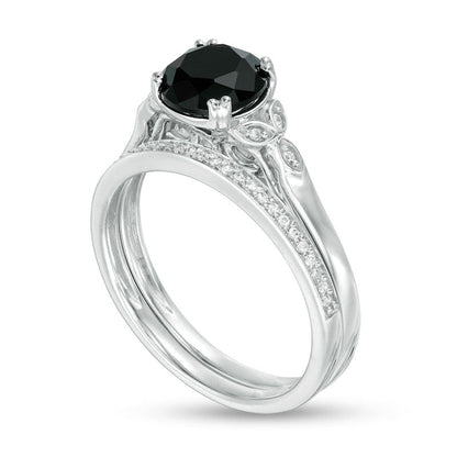 8.0mm Black Sapphire and 0.10 CT. T.W. Natural Diamond Leaf Sides Bridal Engagement Ring Set in Solid 10K White Gold