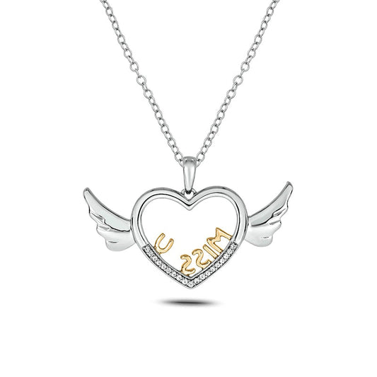 0.05 CT. T.W. Natural Diamond "Miss U" Winged Heart Pendant in Sterling Silver with 14K Gold Plate