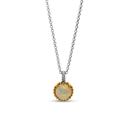 7.0mm Opal Solitaire Rope-Textured Frame and Drop Pendant in Sterling Silver and 10K Yellow Gold