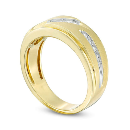 Men's 0.38 CT. T.W. Natural Diamond Three Stone Slant Wedding Band in Solid 10K Yellow Gold