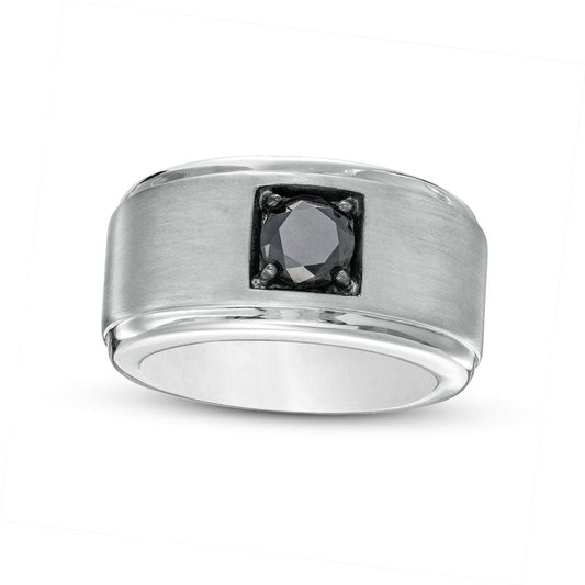 Men's Black Enhanced Natural Diamond Accent Square Frame Multi-Finish Stepped Edge Band in Sterling Silver - Size 10